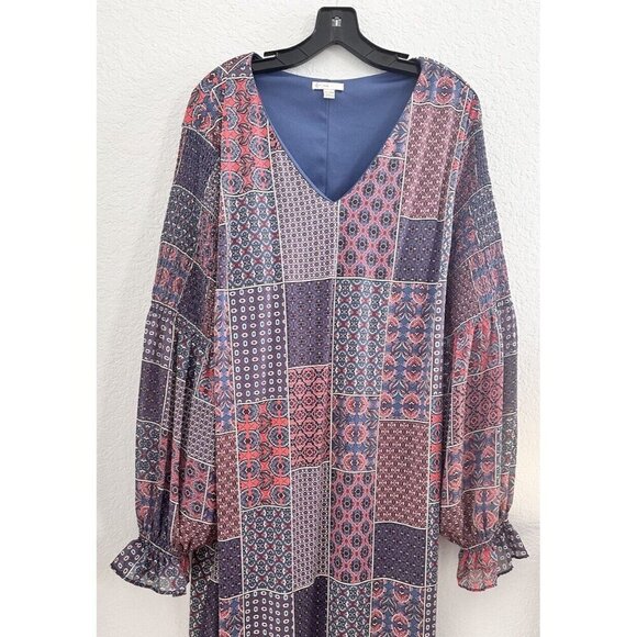 Cato Blue & Red Patchwork Balloon Sleeve‎ Lined Dress Womens Size 22/24W Boho - Picture 2 of 11